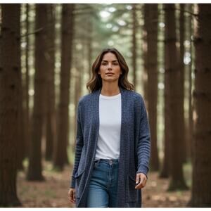 Caslon Cardigan Sweater Womens Small Blue Long Duster Open Front Pockets Knit